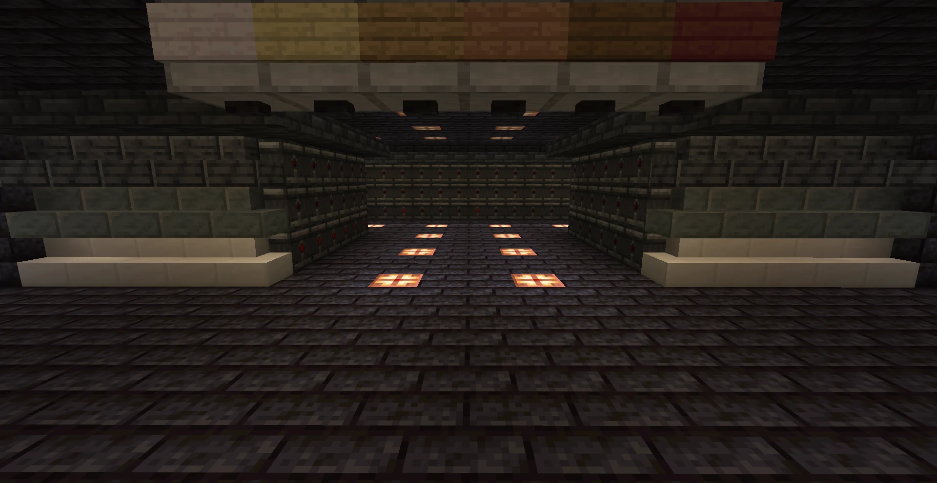 A Minecraft control hall lined with observer blocks and menu signs